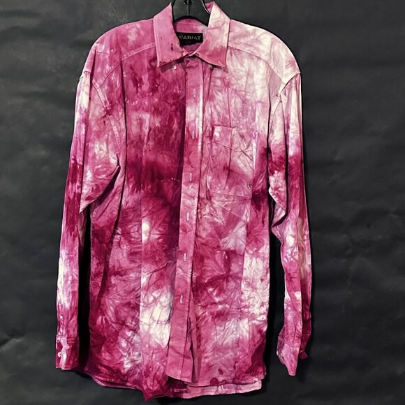 Ariat Tie Dye Shirt Long Sleeve Size Large Red Pink Rodeo Pearl Snaps Cowboy LT - Picture 1 of 10